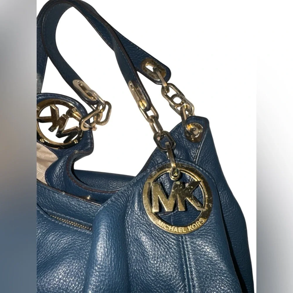 Michael Kors Large Fulton Triple Compartment Hobo Shoulder Bag Navy Leather Gold